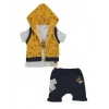 Erkek Bebek Hardal Renk Kapüşonlu Yelek Ayı Baskılı T-Shirt ve Lacivert Şort Yazlık 3 Parça Takım