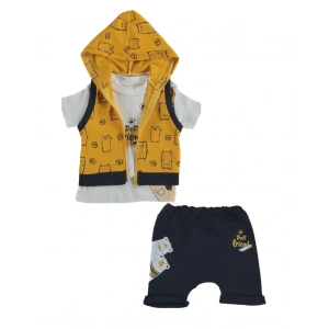 Erkek Bebek Hardal Renk Kapüşonlu Yelek Ayı Baskılı T-Shirt ve Lacivert Şort Yazlık 3 Parça Takım