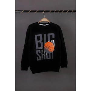 Erkek Çocuk Bisiklet Yaka Siyah Renk Big Shot Basketbol Baskılı 3 İplik Şardonsuz Basic Sweatshirt