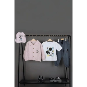 Erkek Çocuk Mickey Mouse Baskılı Gömlek Ceket T-shirt ve Eşofman 3 Parça Mevsimlik Takım