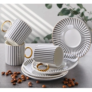 Porselen Çizgi Desen 6 Kişilik Kahve Takımı