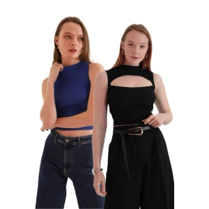 Kadın Kaşkorse Kumaş Siyah ve Saks Renk 2 Parça Bluz Seti