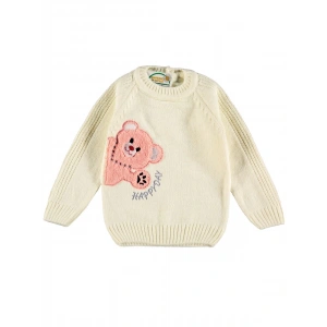 Kız Bebek Krem Renk Bisiklet Yaka Peluş Ayıcık Detaylı Yün Örgü Kışlık Kazak