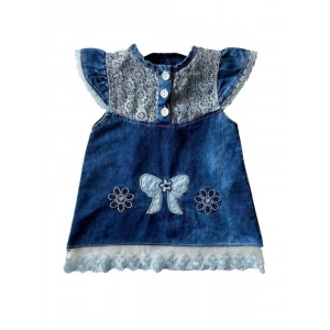 Kız Çocuk Denim Renk Kanvas Kumaş Dantel İşlemeli Vintage Model Volanlı Elbise