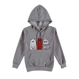 Kız Çocuk Gri Renk Panda Baskılı Over Fit Kanguru Cepli Kapüşonlu Sweatshirt