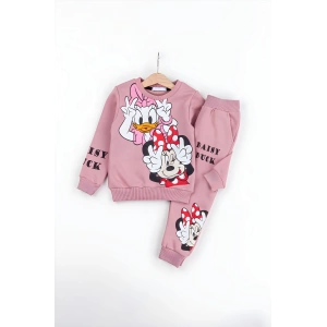 Kız Çocuk Minnie Mouse ve Daisy Duck Baskılı 3 İplik Şardonlu Kışlık Sweat ve Eşofman Alt Üst Takım