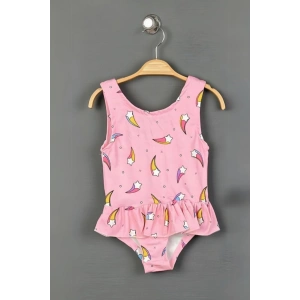 Kız Çocuk Pembe Renk Yıldız Desenli Dalgıç Kumaş Etekli Mayo