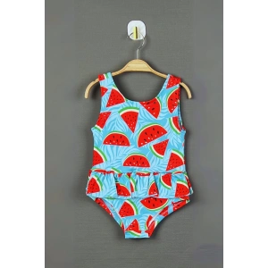 Kız Çocuk Renkli Watermelon Desenli Dalgıç Kumaş Etekli Mayo