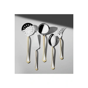 Nehir Fulya Altın Sade 5 Parça Paslanmaz Çelik Servis Takımı