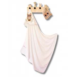 Unisex Bebek Beyaz Renk Pamuklu Baykuş Nakışlı Banyo Havlu ve Kese Takımı