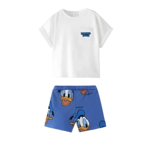 Unisex Bebek & Çocuk Donald Duck Baskılı Pamuklu Bisiklet Yaka Beyaz T-shirt ve Şort Alt Üst Takım