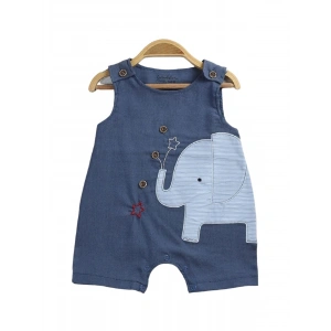 Unisex Bebek Denim Renk Pamuklu Fil İşlemeli Askılı Yumuşak Kumaş Çıtçıtlı Tulum