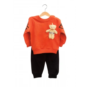 Unisex Bebek Nar Çiçeği Renk Oyuncak Ayılı Mevsimlik Sweatshirt ve Eşofman Alt Üst Takım