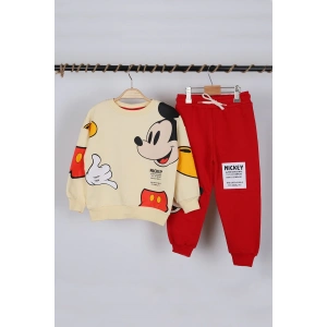 Unisex Çocuk Mickey Mouse Baskılı 3 İplik Şardonsuz Kışlık Sweat ve Eşofman Alt Üst Takım