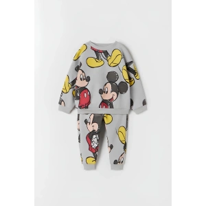 Unisex Çocuk Mickey Mouse Baskılı 3 İplik Şardonsuz Sweat ve Eşofman Alt Üst Takım Dar Kalıp