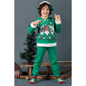 Unisex Çocuk Yılbaşı Christmas Noel Temalı 3 Cüce Kapüşonlu 3 İp Şardonlu 3 Parça Alt Üst Takım