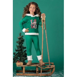 Unisex Çocuk Yılbaşı Christmas Noel Temalı Elf Model Kapüşonlu 3 İp Şardonlu 2 Parça Alt Üst Takım