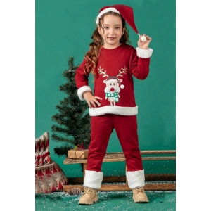 Unisex Çocuk Yılbaşı Christmas Noel Temalı Geyik Model Kapüşonlu 3 İp Şardonlu 3 Parça Alt Üst Takım