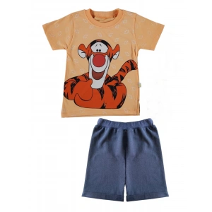 Unisex Çocuk Yavruağzı Renk Pamuklu Tiger Baskılı Yazlık T-shirt ve Şort Takım