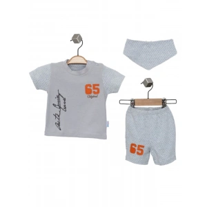 Erkek Bebek Bej Renk Nakışlı Pamuk Mevsimlik Yazlık College T-shirt Önlük ve Şort Takım