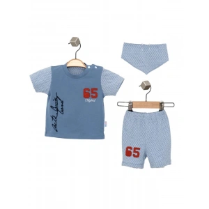 Erkek Bebek Mavi Renk Nakışlı Pamuk Mevsimlik Yazlık College T-shirt Önlük ve Şort Takım