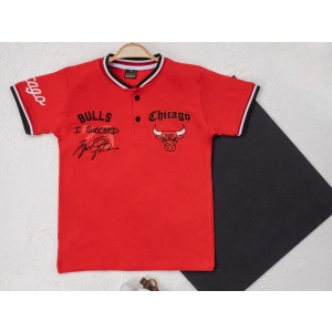 Erkek Çocuk Kırmızı Renk Chicago Bulls Temalı College Yaka Kısa Kollu T-shirt