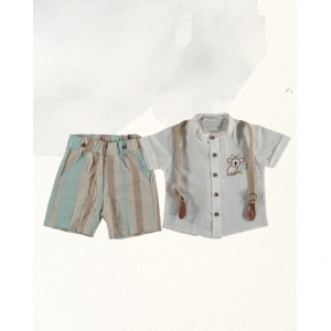 Erkek Bebek Beyaz Pamuklu Kısa Kollu Gömlek ve Keten Askılı Şort Yazlık 2 Parça Takım
