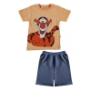 Unisex Çocuk Yavruağzı Renk Pamuklu Tiger Baskılı Yazlık T-shirt ve Şort Takım