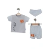 Erkek Bebek Bej Renk Nakışlı Pamuk Mevsimlik Yazlık College T-shirt Önlük ve Şort Takım