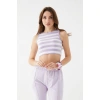 Kadın Lila Renk Mini Boy Çizgili Triko Body Crop