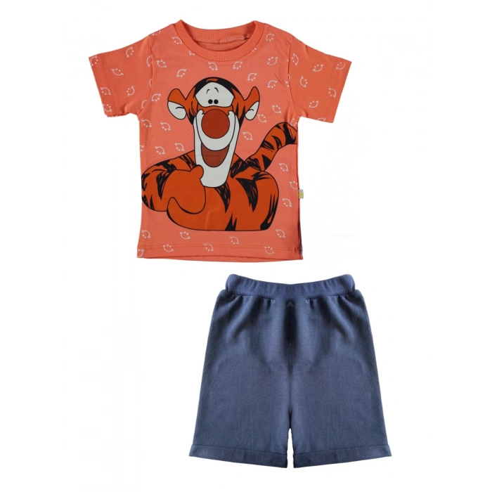 Unisex Çocuk Somon Renk Pamuklu Tiger Baskılı Yazlık T-shirt ve Şort Takım
