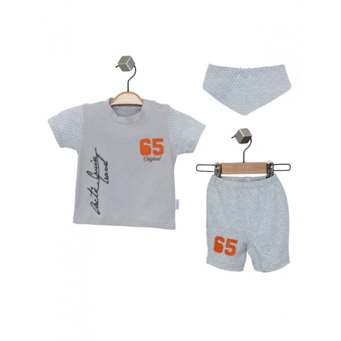 Erkek Bebek Bej Renk Nakışlı Pamuk Mevsimlik Yazlık College T-shirt Önlük ve Şort Takım