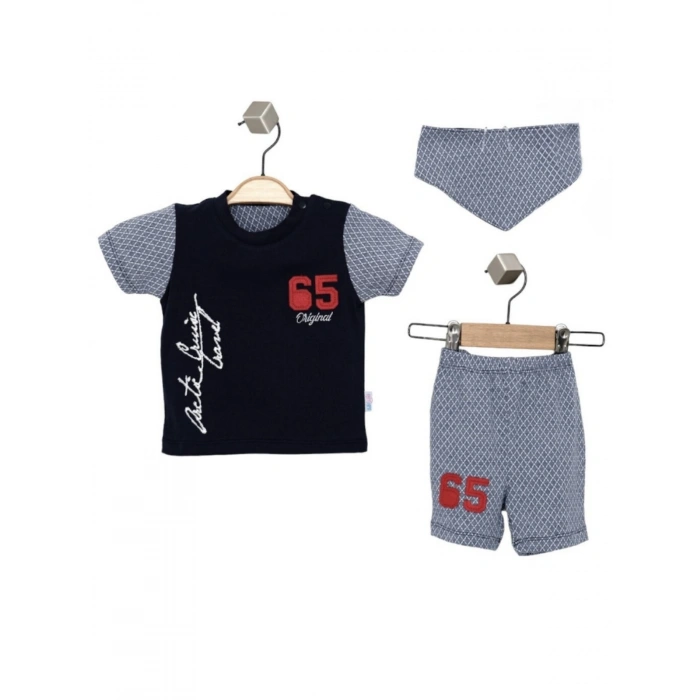 Erkek Bebek Gri Renk Nakışlı Pamuk Mevsimlik Yazlık College T-shirt Önlük ve Şort Takım