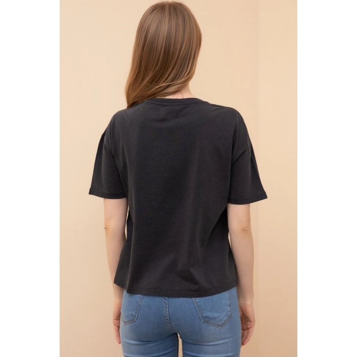 Kadın Füme Renk Pamuklu Bisiklet Yaka Diva Baskılı Kısa Kollu T-shirt