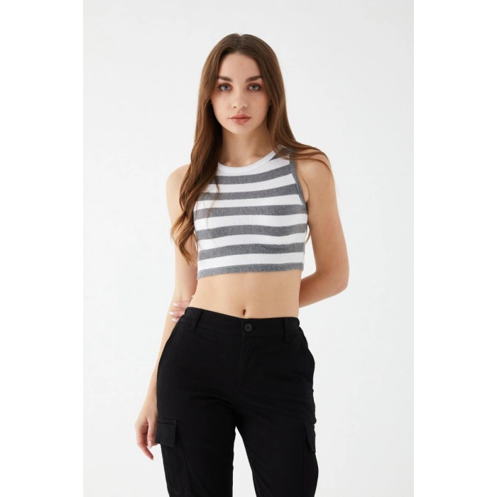 Kadın Füme Renk Mini Boy Çizgili Triko Body Crop