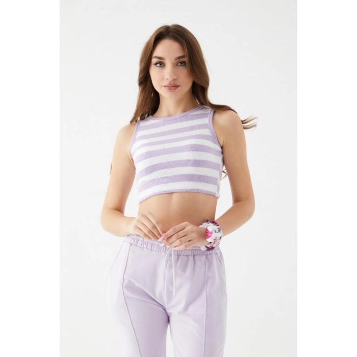 Kadın Lila Renk Mini Boy Çizgili Triko Body Crop