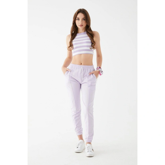 Kadın Lila Renk Mini Boy Çizgili Triko Body Crop
