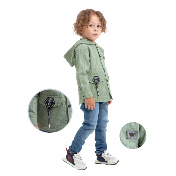 Erkek Çocuk Yeşil Renk Kapüşonlu Balıksırtı Kumaş Gömlek ve Denim Beli Lastikli Pantolon Mevsimlik 2 Parça Takım