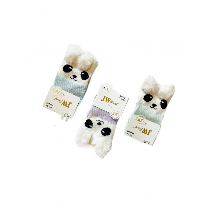 Kız Bebek 0-6 Ay Kedi Figürlü Peluş Tüy Kulaklı Çorap 3 Adet