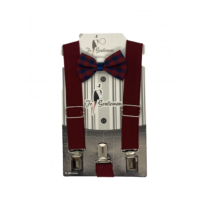 Bebek & Çocuk 1-7 Yaş Bordo Renk Ayarlanabilir Papyon Askı Set