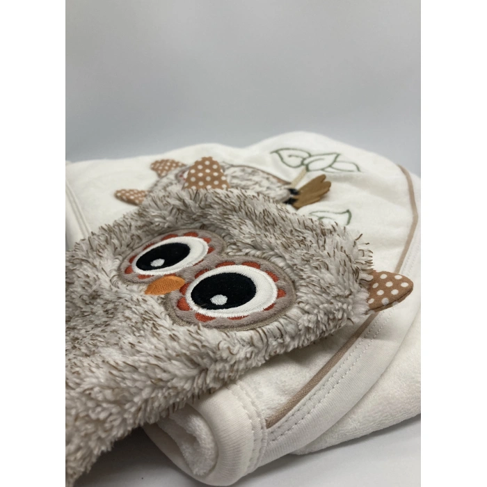 Unisex Bebek Beyaz Renk Pamuklu Baykuş Nakışlı Banyo Havlu ve Kese Takımı