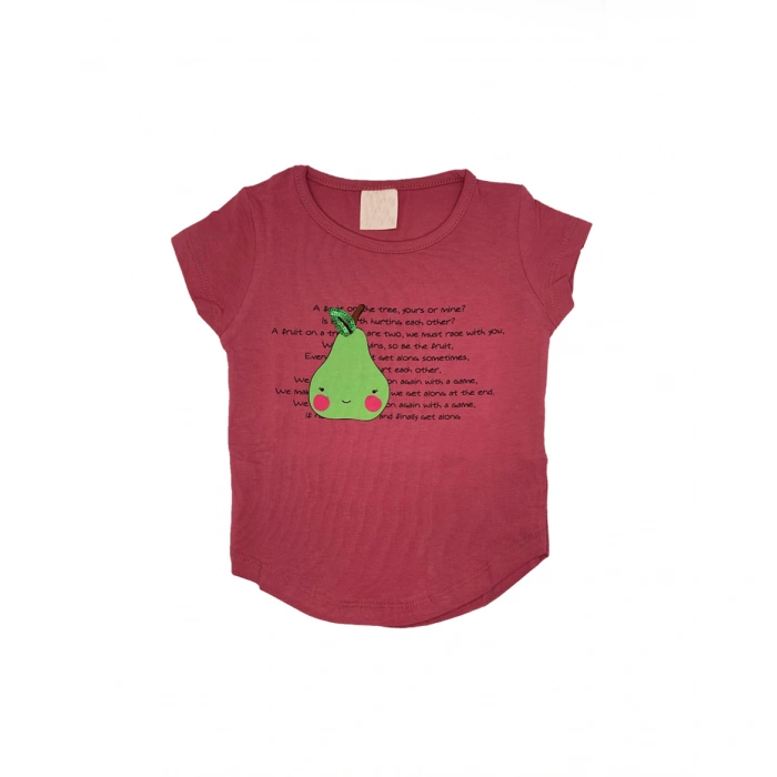 Kız Çocuk Nar Çiçeği Renk Pamuklu Oval Kesim Armut Desenli Kısa Kollu T-shirt