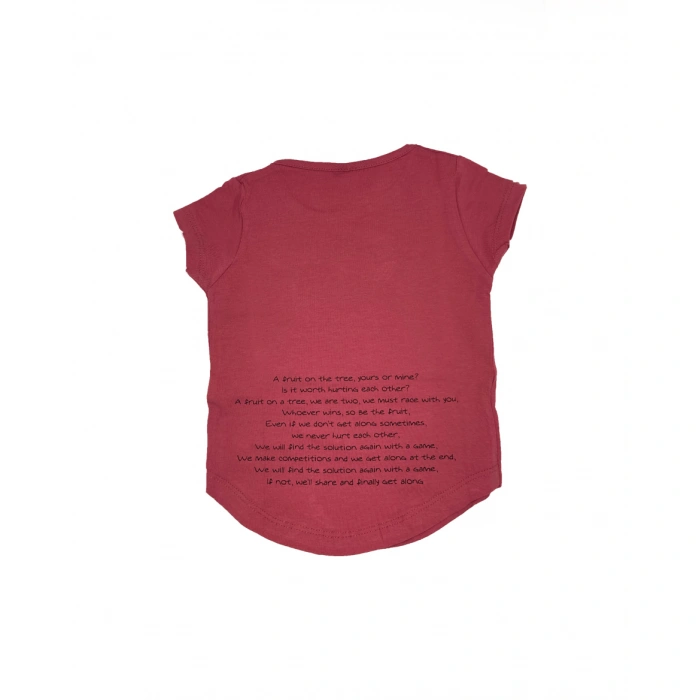 Kız Çocuk Nar Çiçeği Renk Pamuklu Oval Kesim Armut Desenli Kısa Kollu T-shirt