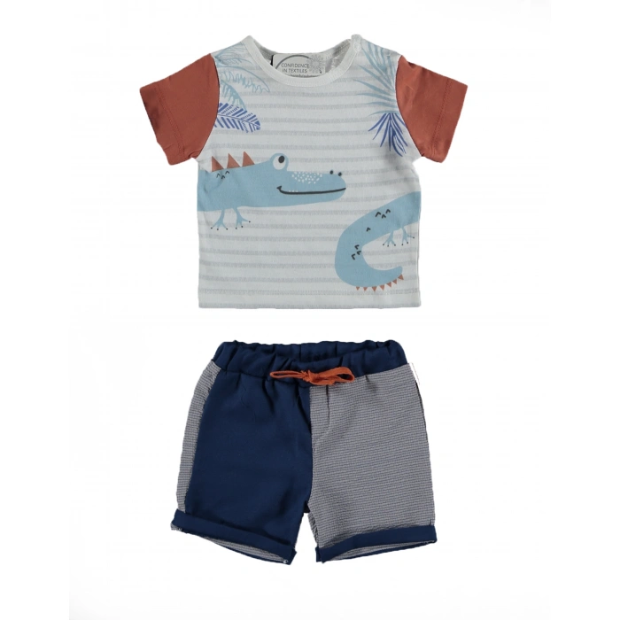 Erkek Bebek Pamuklu Timsah Desenli Yazlık T-shirt ve Şort Takımı
