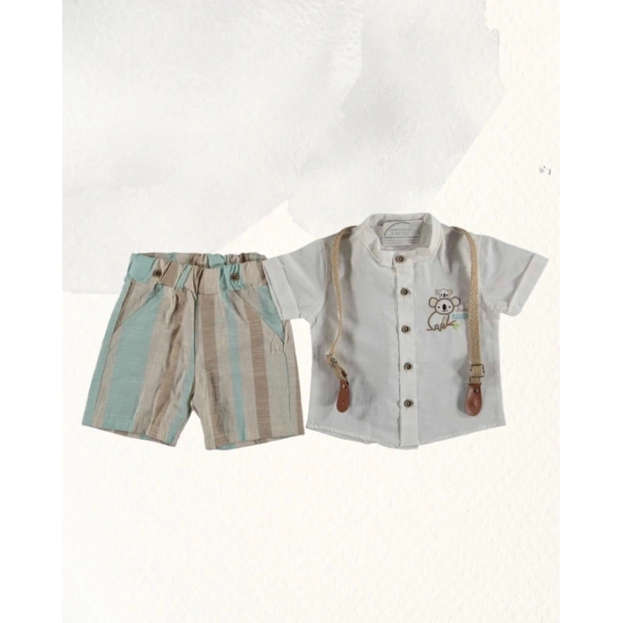 Erkek Bebek Beyaz Pamuklu Kısa Kollu Gömlek ve Keten Askılı Şort Yazlık 2 Parça Takım