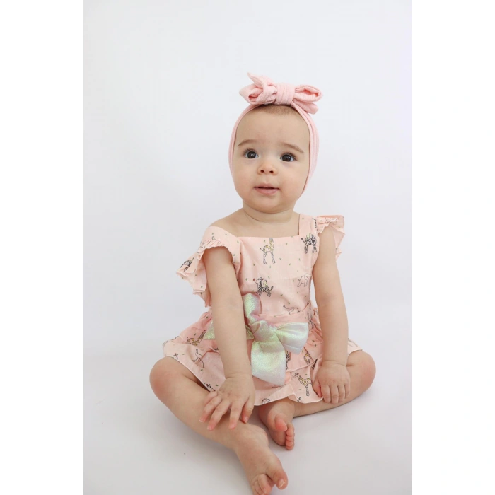 Kız Bebek Pudra Pembe Renk Özel Gün Fiyonklu Çıtçıtlı Tulum