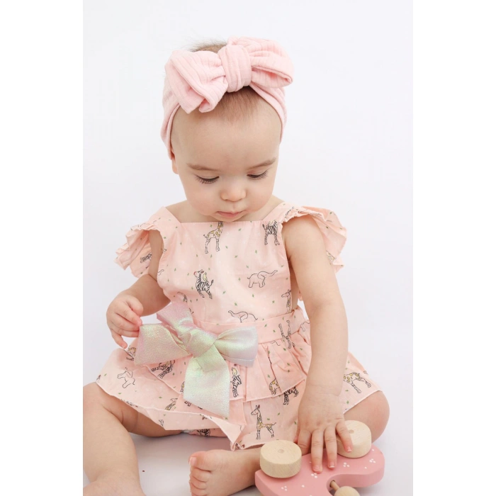 Kız Bebek Pudra Pembe Renk Özel Gün Fiyonklu Çıtçıtlı Tulum