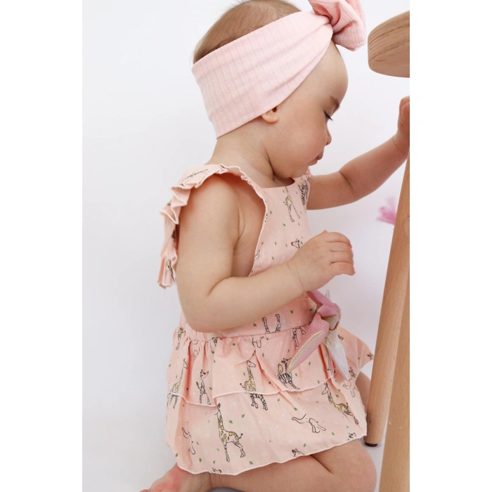 Kız Bebek Pudra Pembe Renk Özel Gün Fiyonklu Çıtçıtlı Tulum