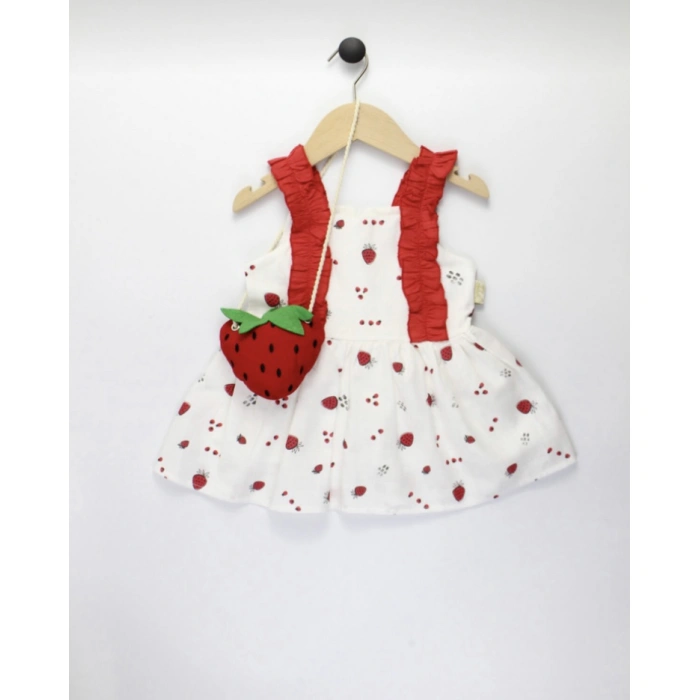 Kız Bebek Keten Fırfır Askılı Çilek Model Elbise ve Sahte Çilek Modelli Çanta Takımı