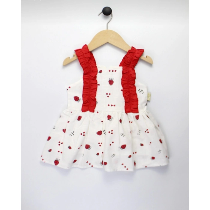 Kız Bebek Keten Fırfır Askılı Çilek Model Elbise ve Sahte Çilek Modelli Çanta Takımı